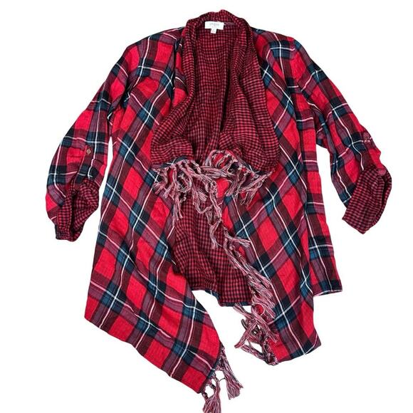 Umgee Tops - Umgee Plaid Fringe Cardigan Women’s Small Red Black Draped Open Front Top